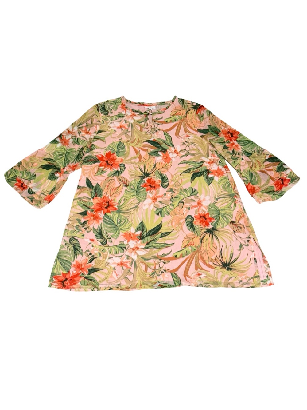 J.Jill Floral Tunic Top Lightweight Pink Green Tropical Long Sleeve